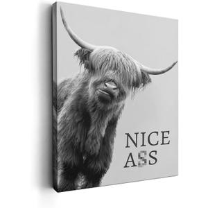 Kasluolo Highland Cow Bathroom Decor Wall Art Funny Cow Picture Farmhouse Cattle Black and White Bathroom Painting Wall Decor for Bathroom Toilet Framed Artwork 12x16 inch (16L" x 12W")