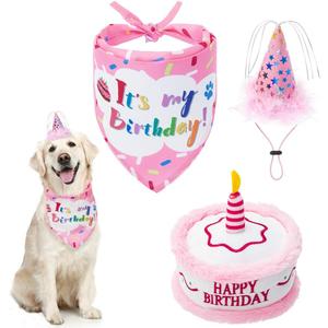 Dog Birthday Bandana Set - Cute Hat and Squeaky Cake Toy for Birthday Party Supplies Gift - Great for Small Medium Large Dogs Pink
