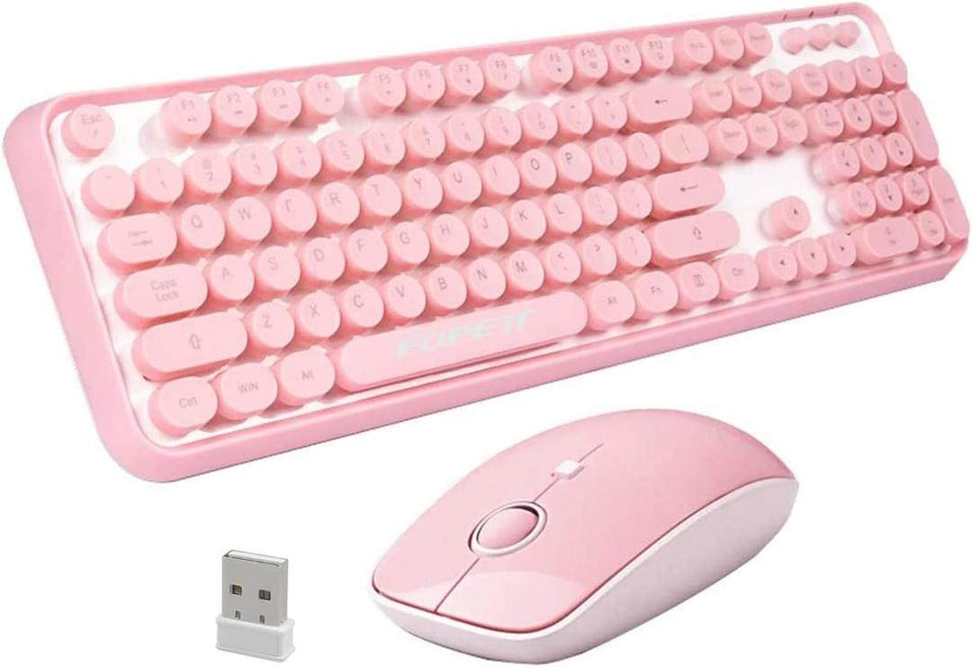 Wireless Keyboard and Mouse | Cute Colorful Keyboard and Mouse with 2.4GHz Cordless Retro Typewriter Keyboard | Auto-Sleep | USB Receiver for Windows PC/Laptop - Pink