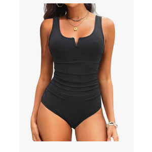 Tempt Me Womens Black One Piece Swimsuit - Tummy Control Bathing Suit V Wired Ribbed Full Coverage 2025 Swimwear, M