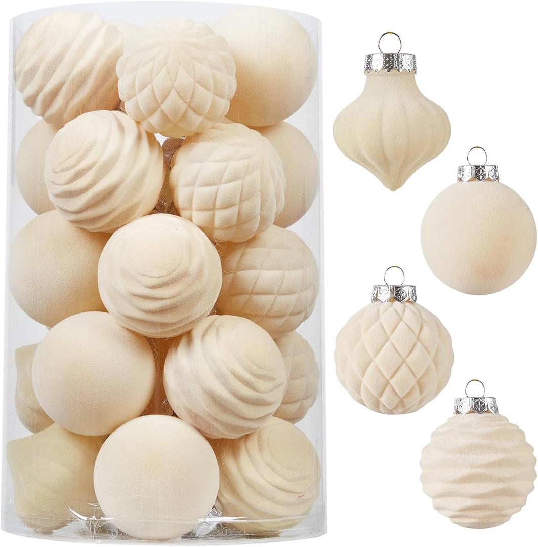 Wironlst Velvet Ornaments for Christmas Tree, 4 Style Flocked Matte Velvet Christmas Ball Ornaments, Shatterproof Decor for Xmas Tree Wedding Holiday Party Home (2.36" 25pcs Cream)