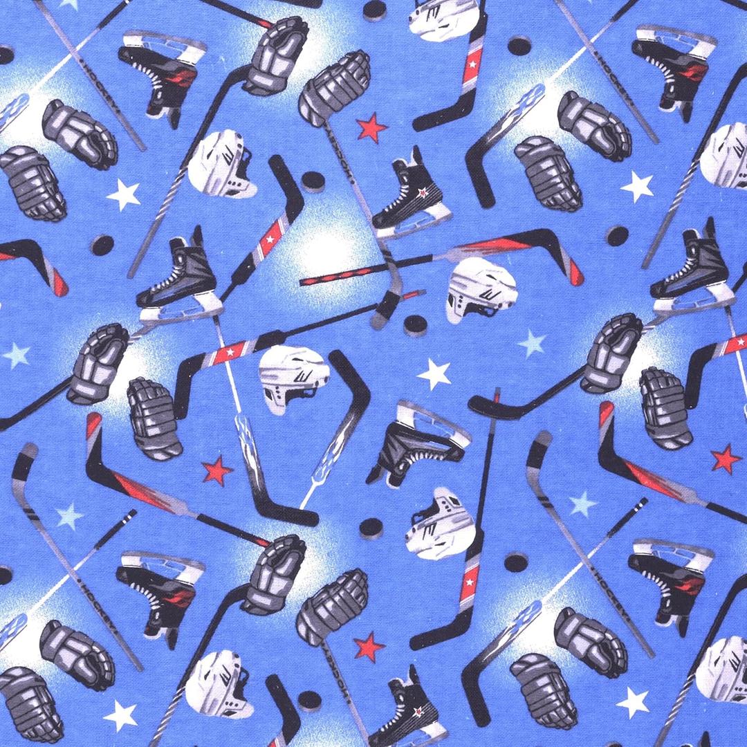Mook Fabrics Flannel PRT Hockey Stick Helmets Pucks, Blue Cut by The Yard