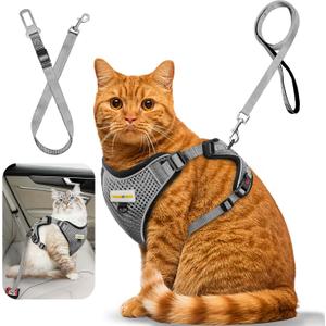 Cat Harness and Leash for Walking, Retractable Cat Harnesses and Leash Set Escape Proof, Breathable Soft Kitten Small Large Harness for Travel Training and Walking, Grey, S (S(chest:11.1"-18.1"))