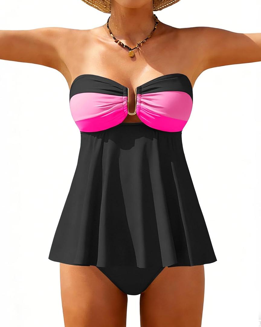 XUNYU Strapless Tankini Swimsuits for Women 2 Piece High Waisted Tummy Control Bathing Suit Bandeau Full Coverage Swimwear (Large, Black Pink Bikini Sets)