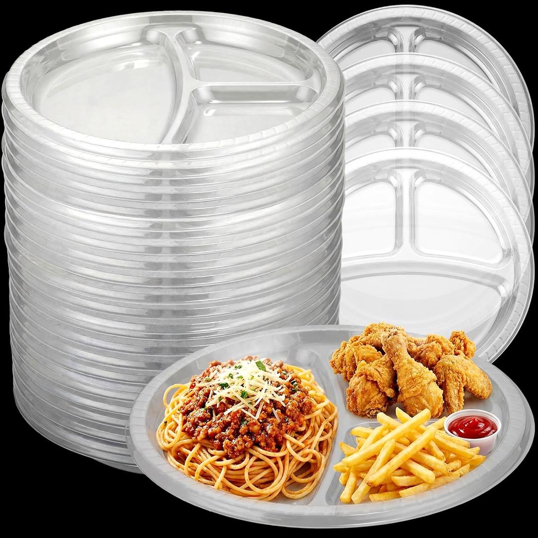 Umigy 100 Pcs 10 Inch 3 Compartments Divided Plastic Plates Bulk Colorful Disposable Heavy Duty Round Dinnerware for Party Valentine Wedding Birthday(Transparent)
