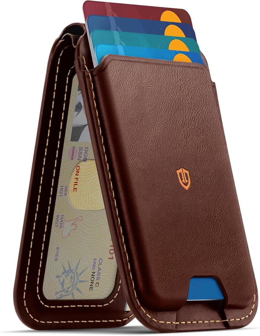 SHIELDON Genuine Leather Strong Magnetic Wallet for MagSafe, Phone Wallet Stand for Men Women, 6 Card Holders, Angle Adjustment, RFID Blocking, Compatible with iPhone 17/16/15/14/13/12 Series - Coffee