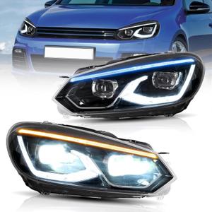 VLAND Left Side Projector Headlight Compatible with Golf 6 MK6 2010-2014 Halogen Models(NOT FTT GTI/R) Full Led Headlamp Assembly w/Animation Indicator