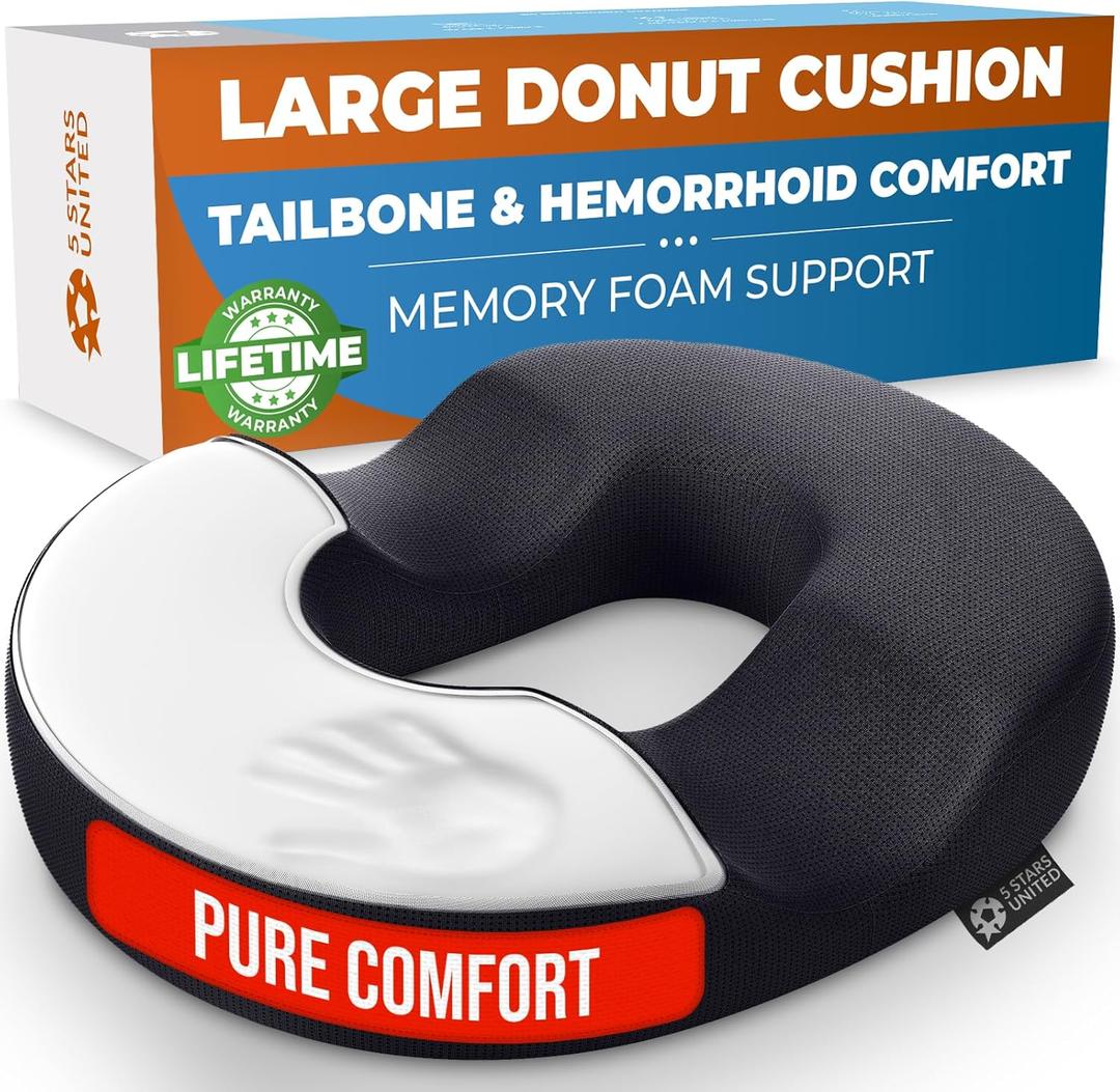 5 STARS UNITED Donut Pillow Hemorrhoid Tailbone Cushion – Large Cushion for Pain Relief – Coccyx, Prostate, Sciatica, Pelvic Floor, Pressure Sores, Pregnancy, Postpartum Recovery, Black