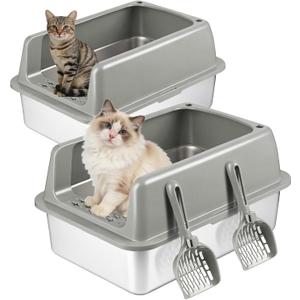 Kirecoo 2 Pack Stainless Steel Litter Box with Lid, Large Enclosed Metal Cat Litter Box Pan High Sided, Easy Clean Anti-Leakage Litterbox Tray for Indoor Big Cats, Kittens or Multicat, Scoop Included