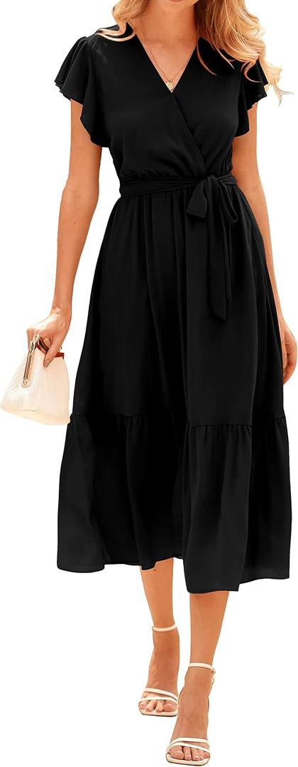 BTFBM Women Summer Bohemian Floral Casual Wrap V Neck Ruffle Cap Sleeveless Belt A-Line Pleated Hem Swing Midi Sun Dress (Solid Black, Small)