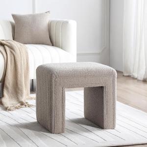 Get Set Style Vanity Stool Chair,Modern Boucle Ottoman Foot Stool with Wooden Legs Sofa Bench Footstool Extra Seat for Vanity,Makeup Room,Living Room,Entryway,Office (Fully Assembled) (Taupe)