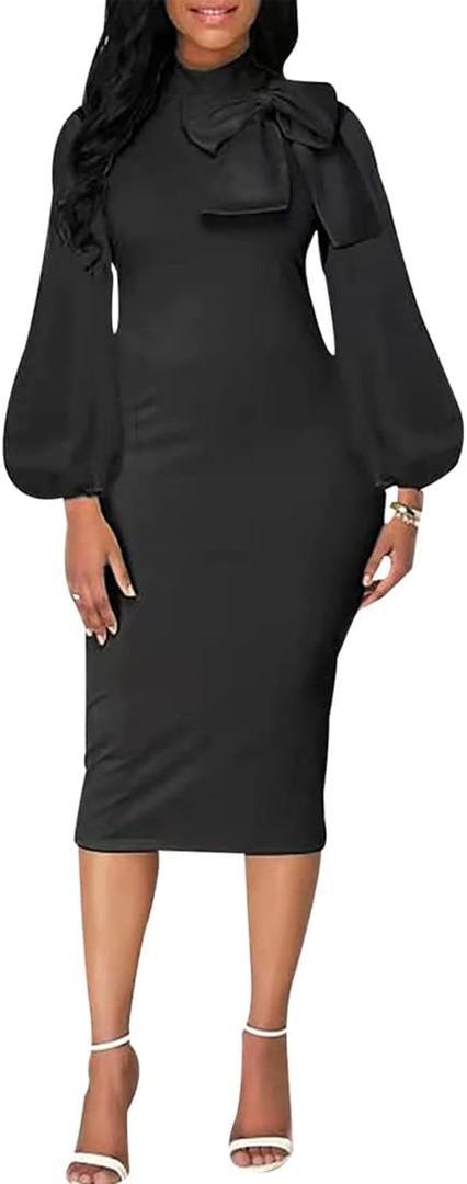 Sexy Long Sleeve Dress for Women Solid Color Bow Knot Turtleneck Formal Gown Midi Casual Church Dresses (XX-Large)