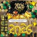 2026 Novel Happy New Year Eve Party Decorations Set with Happy New Year Backdrop, Black and Gold Confetti Balloons, Clear Balloon Box, Gold Party Confetti Pack & Heart Star 2026 Number Foil Balloons