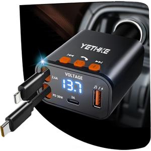 Bluetooth Car Adapter with Retractable Charger, FM Transmitter Bluetooth 5.4 for Cars, 4 in 1 Fast Car Phone Charger 69W, Handsfree Call, 2*Retractable Cable for iPhone 17/16/15/14, Galaxy-Black