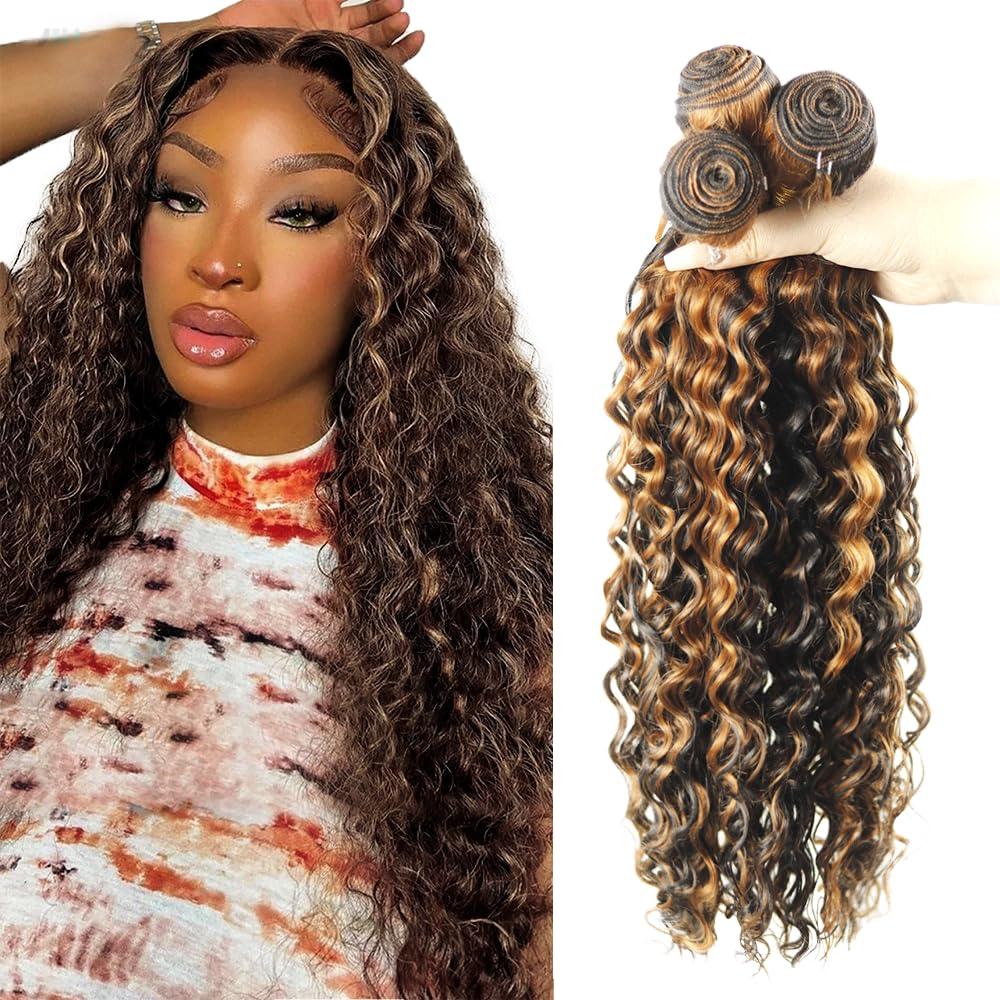 P1B30 Ombre Brown Human Hair Bundles Highlight Kinky Curly Bundles 24 26 28 inch Double Weft 3 Bundle Two Tone Black Mixed With Light Brown Bundle 300g