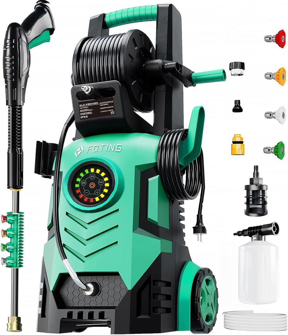 FOTING 2025Upgraded Electric Pressure Washer with Adjustable Touch Screen 5000PSI 3.3GPM/8 Level, 4 Quick Connect Nozzles,Inlet Hose&Filter&500 ml Foam Cannon for Cars/Fences/Driveways/Home Cleaning (Blue)