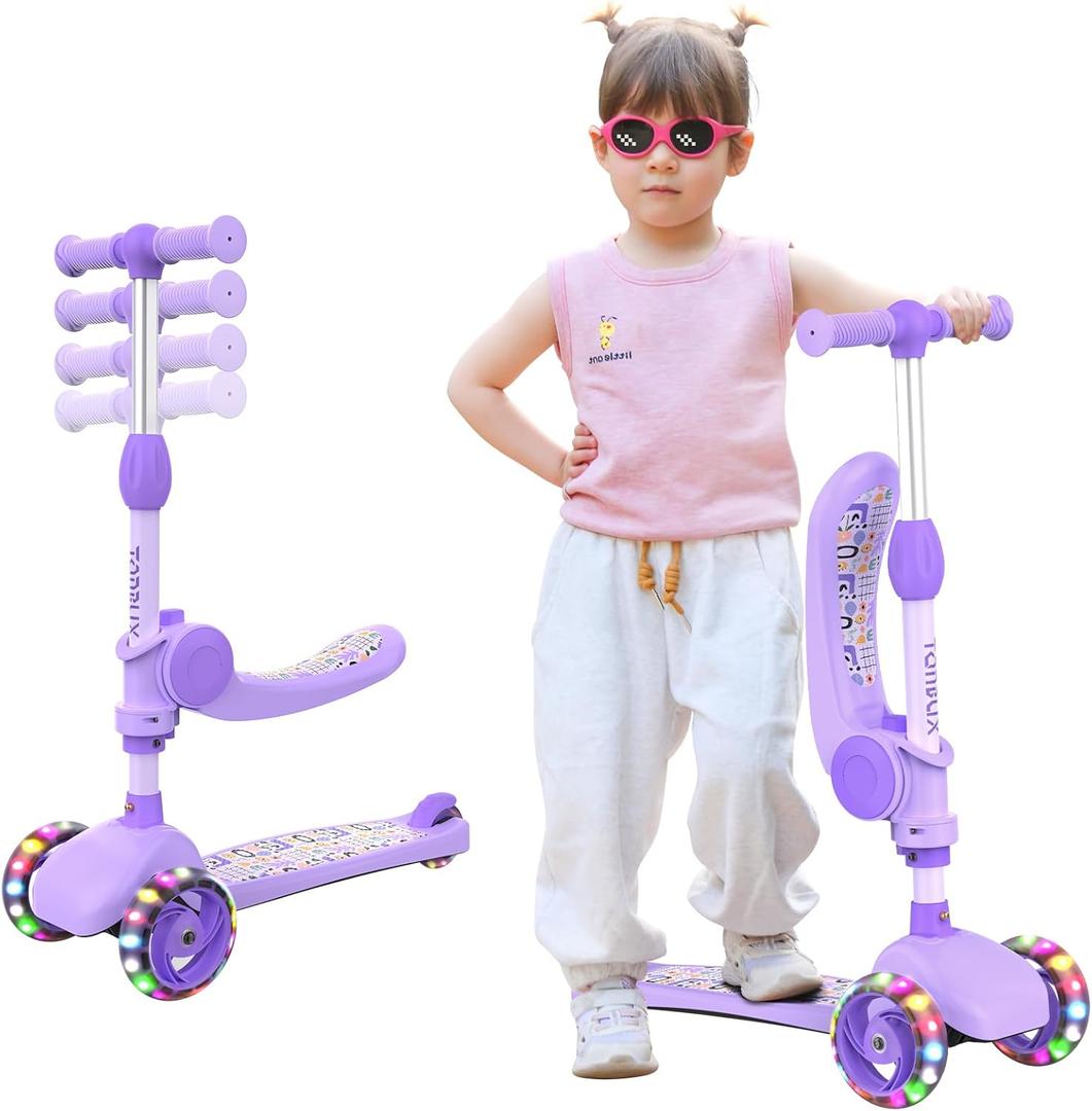 TONBUX Kids Scooter with Seat, 3 Wheels Scooter with PU Luminous Wheels, Non-Slip Handle and Wide Deck, Sensitive Brakes, 4-Level Adjustable Height, Scooters for Kids 2-8 Years, Purple 