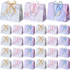 Abbylike 24 Pcs Medium Size Gift Bag with Handle Portable Paper Gift Bag with Ribbon Bow Marble Pattern Present Bags for Birthday Wedding Party Shopping