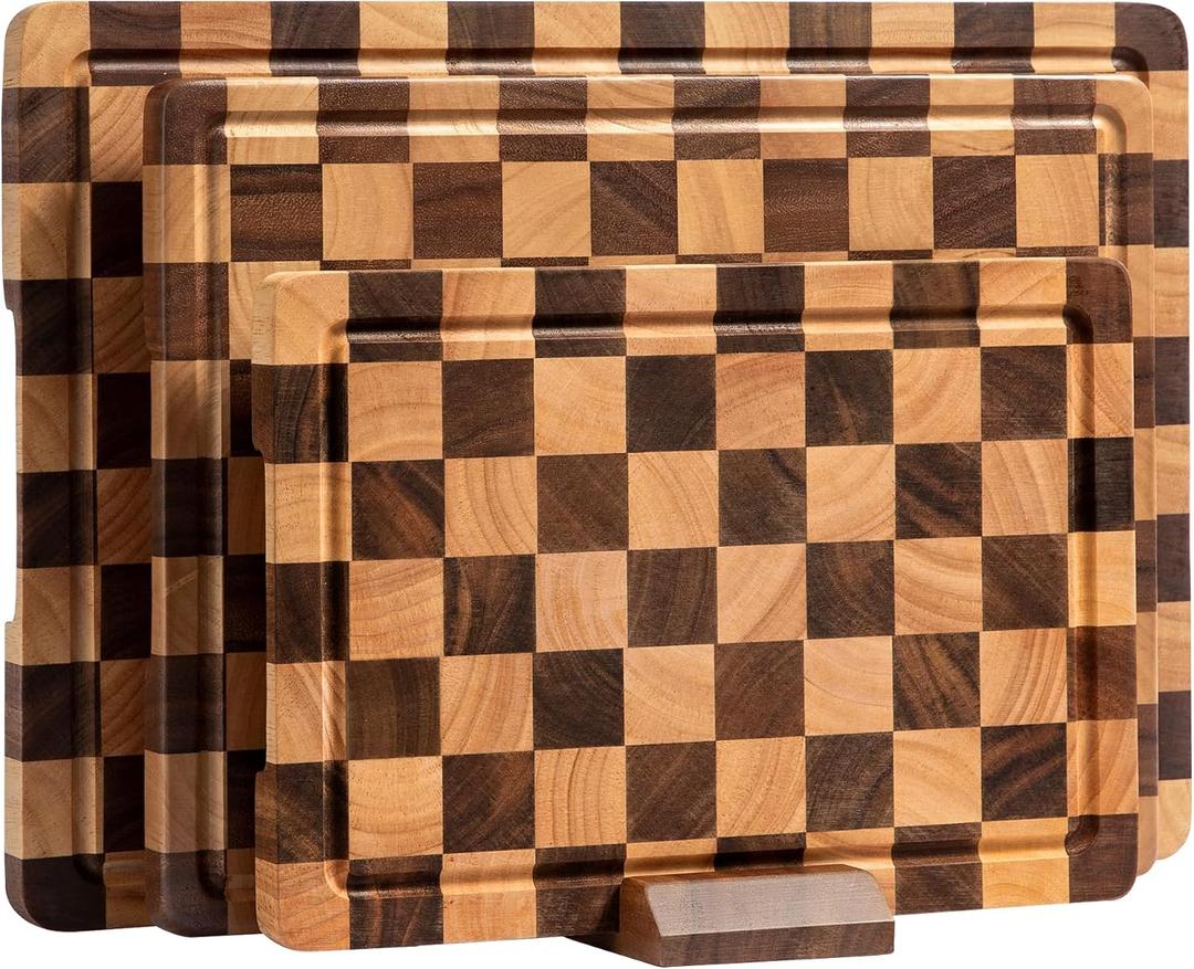 Checkered Cutting Boards for Kitchen, Wooden Cutting Board Set, Acacia Chopping Board with Juice Grooves & Handles, Butcher Block Serving Tray for Meat, Vegetables and Fruits, 3pcs, 17" X 12" X 1.6"