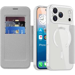 Wallet Case for iPhone 17 Pro Max, Premium Flip PU Leather Card Holder RFID Blocking Compatible with MagSafe Clear Back Shockproof Magnetic Cover for iPhone 17 Pro Max - Titanium Grey JD