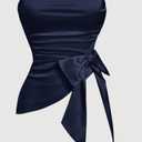Women's Solid Color Ruched Bandeau Cropped Top With Bow, Satin Elegant Sleeveless Summer Dressy Tops For Women, Navy Blue, XXL