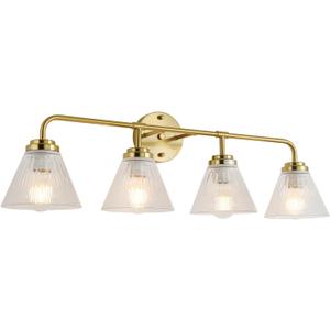 Brushed Gold Vanity Light, 4-Light Bathroom Light Fixtures Over Mirror, Clear Ribbed Glass Shade, E26 Socket, Modern Wall Sconce Lighting for Double Vanity, Up/Down Mount(Gold, 4)