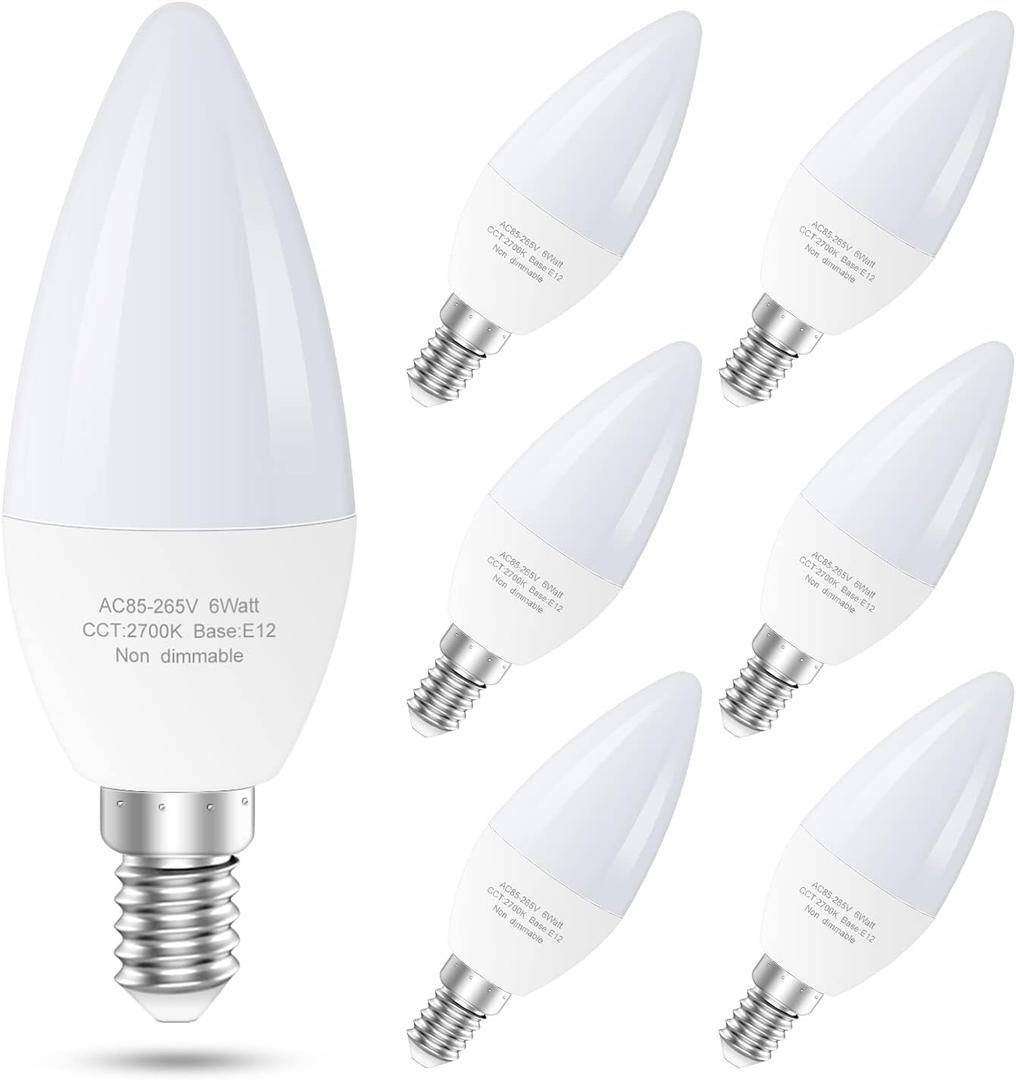 E12 Led Ceiling Fan Light Bulbs, 6W B11 Led Bulb Replace 60 Watts Incandescent, 550 LM, 2700K Warm White, Type B Light Bulb for Chandelier Lamp, Non-Dimmable Candle Lightbulbs,6-Pack (Yellow)