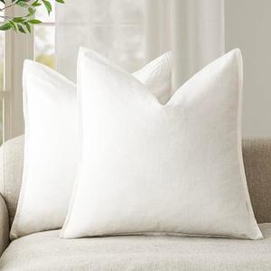 Foindtower Pack of 2, Decorative Linen Soild Throw Pillow Covers Soft Accent Cushion Case Boho Farmhouse Neutral Pillowcase for Chair Couch Sofa Bedroom Living Room Home Decor 24 x 24 Inch Cream White