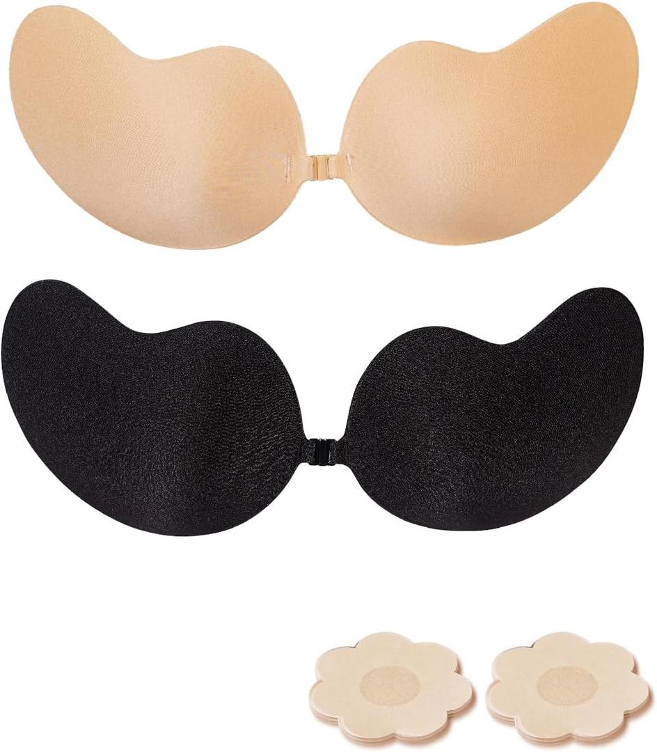 Adhesive Bra 2 Pairs Sticky Strapless Invisible Push up Bra with Nipple Covers for Backless Dresses (Black and Nude, E)