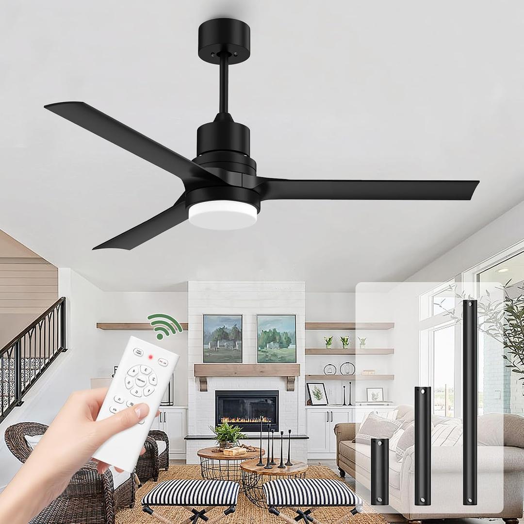 Obabala Outdoor Ceiling Fans with Lights, 52 Inch Black Ceiling Fan with Light and Remote 3 Color 6 Speed Adjustable, Noiseless DC Motor for Indoor Outdoor Patio Farmhouse Bedroom