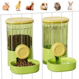 Hanging Small Pet Feeder and Water Dispenser, 1L Auto Cat Food Bowl and 0.8L Water Bottle Dispenser, Auto Gravity Pet Feeder and Waterer Set for Puppy, Kitten, Rabbit and Small Pets (Green)