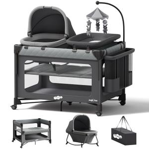 Pamo Babe Pack and Play with Bassinet - 7 in 1 One-Step Setup Bedside Crib, Portable Playpen, Travel Crib, Baby Playard with Diaper Changing Station, Toy Bar & Large Storage Bag