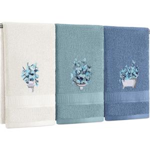 3 Pcs Blue Eucalyptus Leaves Hand Towels Botanical Bathroom Decor Embroidered Floral Leaves Farmhouse Blue Decorative Towels for Bathroom Kitchen, 100% Cotton, 13.3 x 29.5''