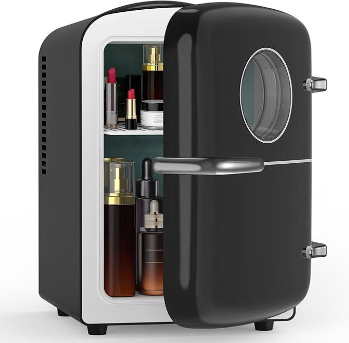 Electactic Mini Fridge for Bedroom, 4L/6 Cans Small Cosmetic Fridge for Skincare, Makeup & Drink, With Observation Window, Portable Desk Fridge Cooler and Warmer for Kids, Car, Office, Dorm, Black