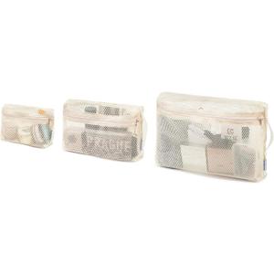 NOL Natural Organic Lifestyle 3-Pack Mesh Travel Toiletry Bags - Clear Zipper Travel Organizer, Airport Carry-On Compliant Reusable Cosmetic Makeup Bag for Women & Men (Cream)