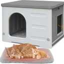 Waterproof Cat House for Outdoor Cats, Plastic Feral Cat House with Escape Door and Soft Mat, Large Indoor Cat Shelter for Mutiple Cats - Grey