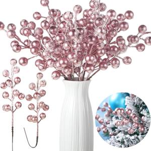 Censen 36 Packs Snow Frosted Artificial Berry Stems 8 Inch Snowy Christmas Red Spray Picks Holly Berry Branches for Christmas Tree Decoration Holiday DIY Crafts Ornaments Home Decor (Rose Gold)