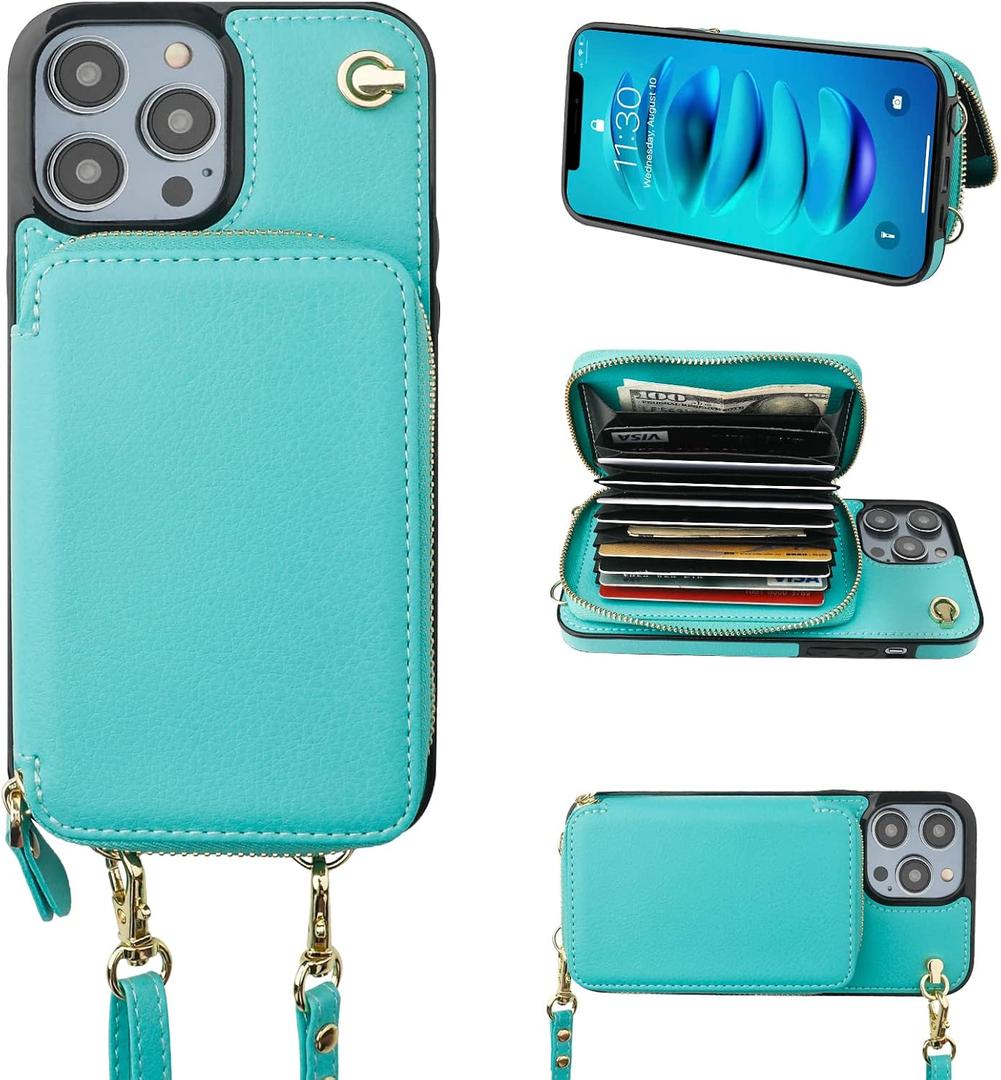 Bocasal Crossbody Wallet Case for iPhone 14 Pro, RFID Blocking Leather Purse Case with Card Holder, Protective Handbag Flip Cover with Slots Zipper Wrist Strap Lanyard Women 5G 6.1 Inch (Mint Green)