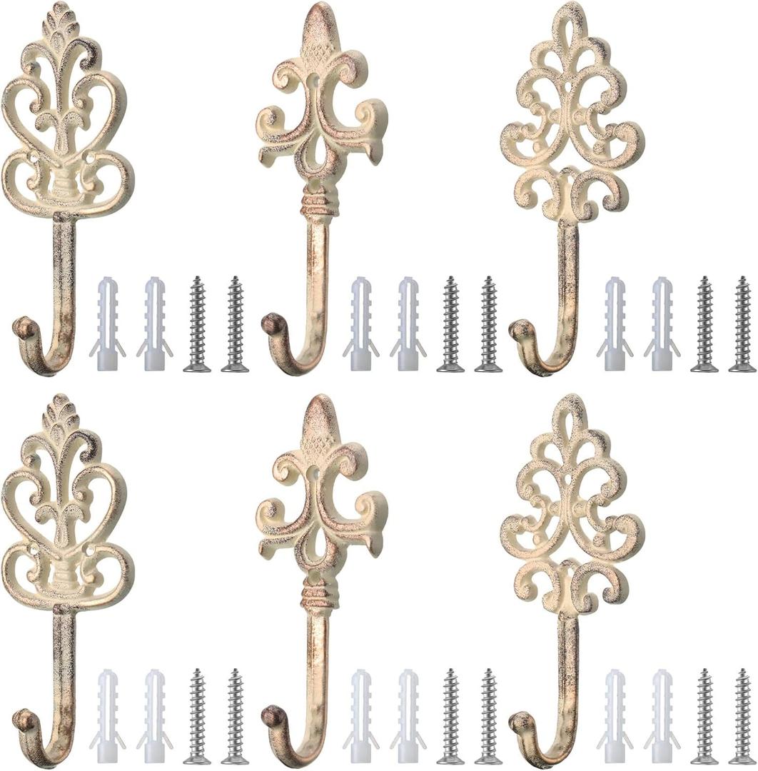 6 Pieces Shabby Chic Cast Iron Decorative Wall Mounted Hooks Retro Hanging Rustic Wall White Bathroom Towel Hooks with Screws and Anchors for Hanging Coat Towel, 3.15 x 7 Inch