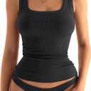 Womens Square Neck Ribbed Tank Tops Sleeveless Basic Tops Sexy Slim Fit Summer Clothes 2025 (Medium, Black)