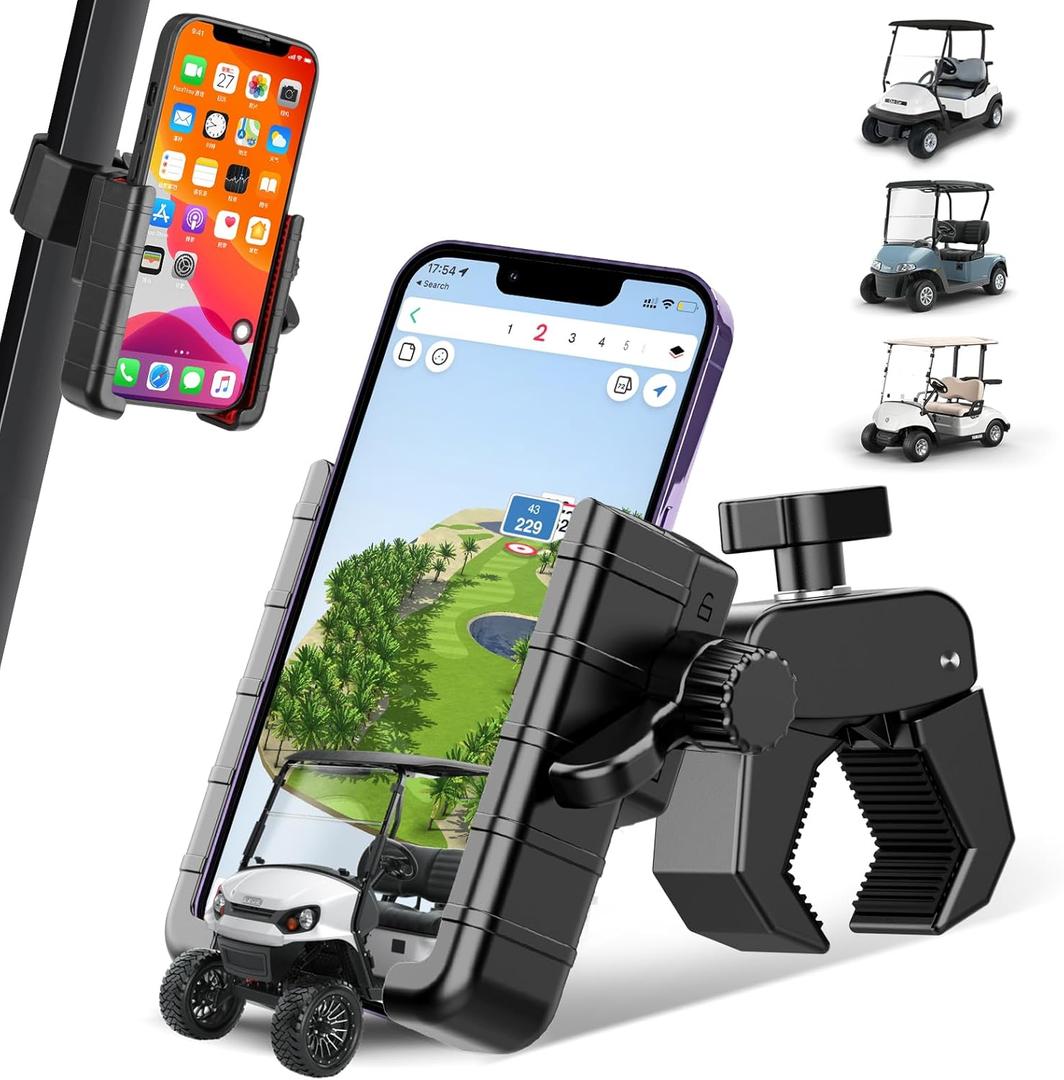 Upgraded Golf Cart Phone Mount Holder Compatible with EZGO/Club Car, 360 Rotatable One-Handed Pick & Place Universal Compatible with iPhone Galaxy Google Pixel, Golf Cart Accessories