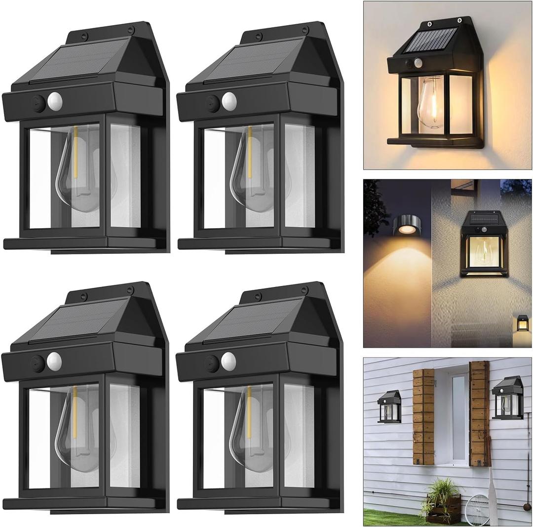 4pcs Solar Fence Lights, Motion Sensor Outdoor Lights, 3 Lighting Modes Dusk to Dawn Porch Lights IP65 Waterproof, Outdoor Solar Wall Lights 600LM, 1800mah Suitable for Patios, Porches, Garage (Black)