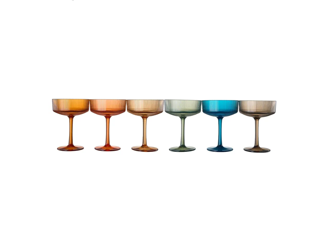 Shatterproof Acrylic Ribbed Vintage Art Deco Martini, Champagne & Cocktail Muted Color Plastic Tritan Coupe Glasses | Set of 6 | 10 oz Ripple Glassware Classic Cocktail Indoor & Outdoor, European Style