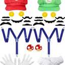 Super Bros Hats Costume Accessories Adult Halloween Cosplay with Mustaches, Suspenders, Gloves Buttons and Brooch