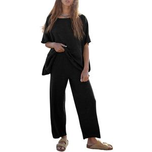 Tankaneo Women's 2 Piece Travel Outfits Casual Short Sleeve Knit Sweater Set Wide Leg Pants Lounge Sets Tracksuit (Large, Black)