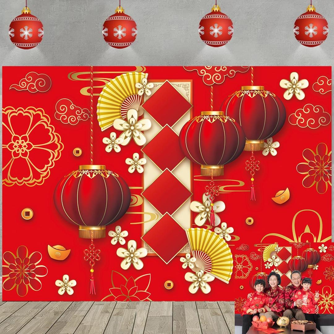 Chinese New Year Backdrop 2026 Lunar Horse Year Spring Festival Red Lantern Photography Background Chinese Lunar New Year Family Party Decoration Photo Props (94X70 inch (8x6FT))