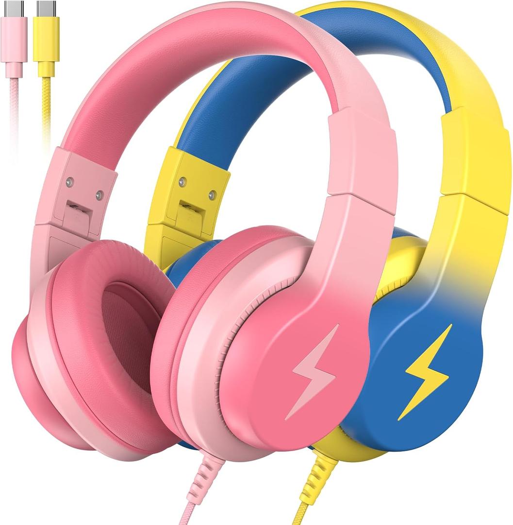 Kids Headphones for School 2 Pack,USB C Headphones for Kids,85dB Volume Limiter,HD Stereo Sound,Comfortable Fit,Adjustable&Foldable,Ideal for Learning/Travel/ iPad/Tablet/PC-Gradient Pink+Light Yellow