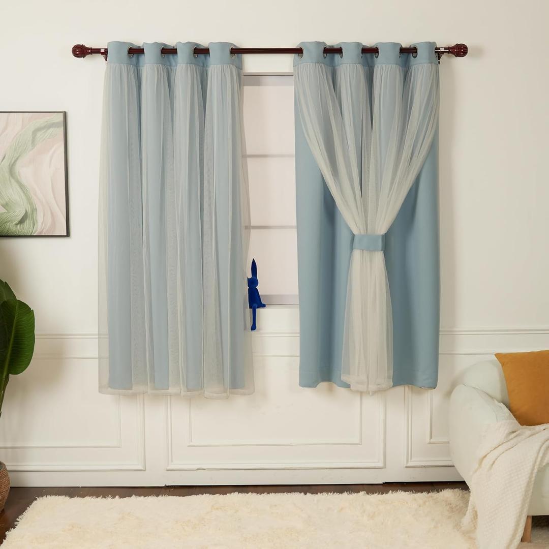 INLINAS Sky Blue Blackout Curtains with Sheer Overlay - Grommets Thermal and Noise Reduction Panels for Bedroom and Living Room Light Blocking and Energy Saving, 52 x 63 Inch, Set of 2
