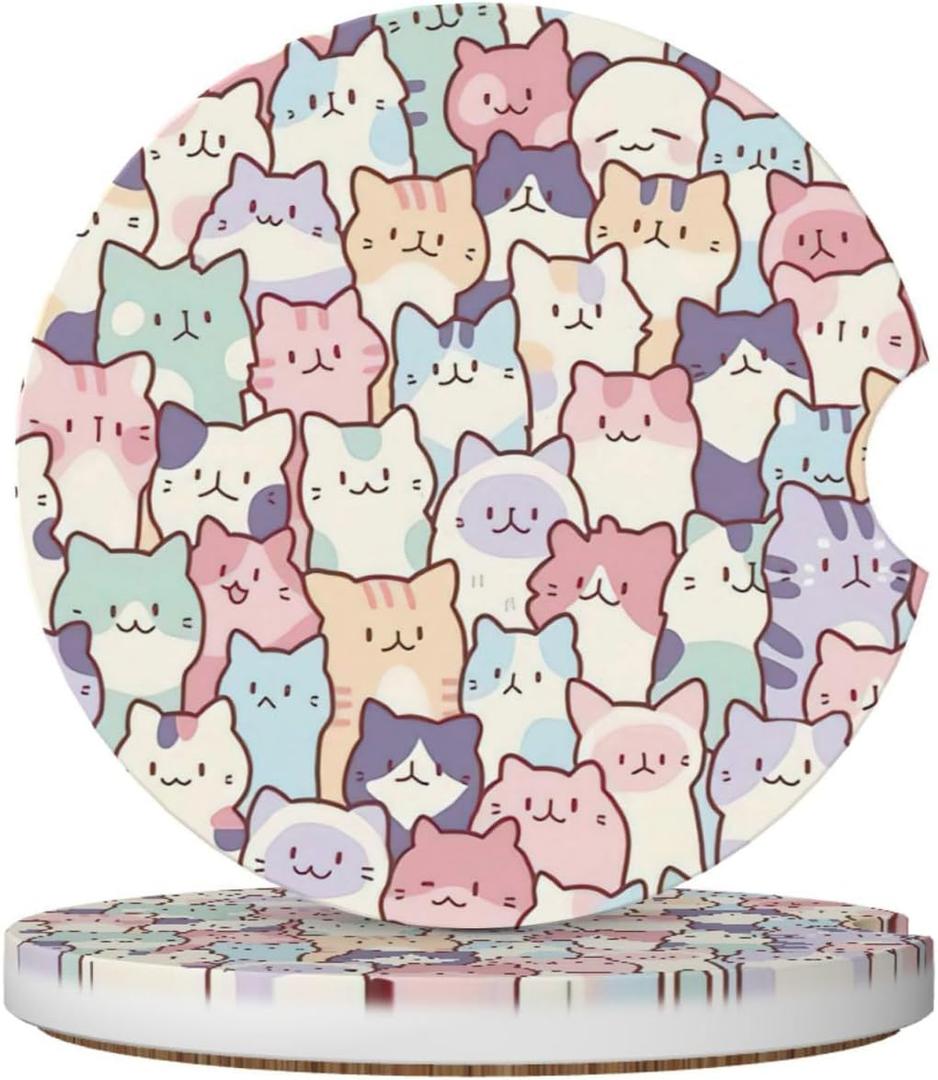 2 x Cute Colorful Cats Car Coasters for Cup Holders,2 Pack Car Cup Holder Coasters for Car,Ceramic Absorbent Car Coaster with A Finger Notch and Cork Base,Car Interior Accessories for Women Men