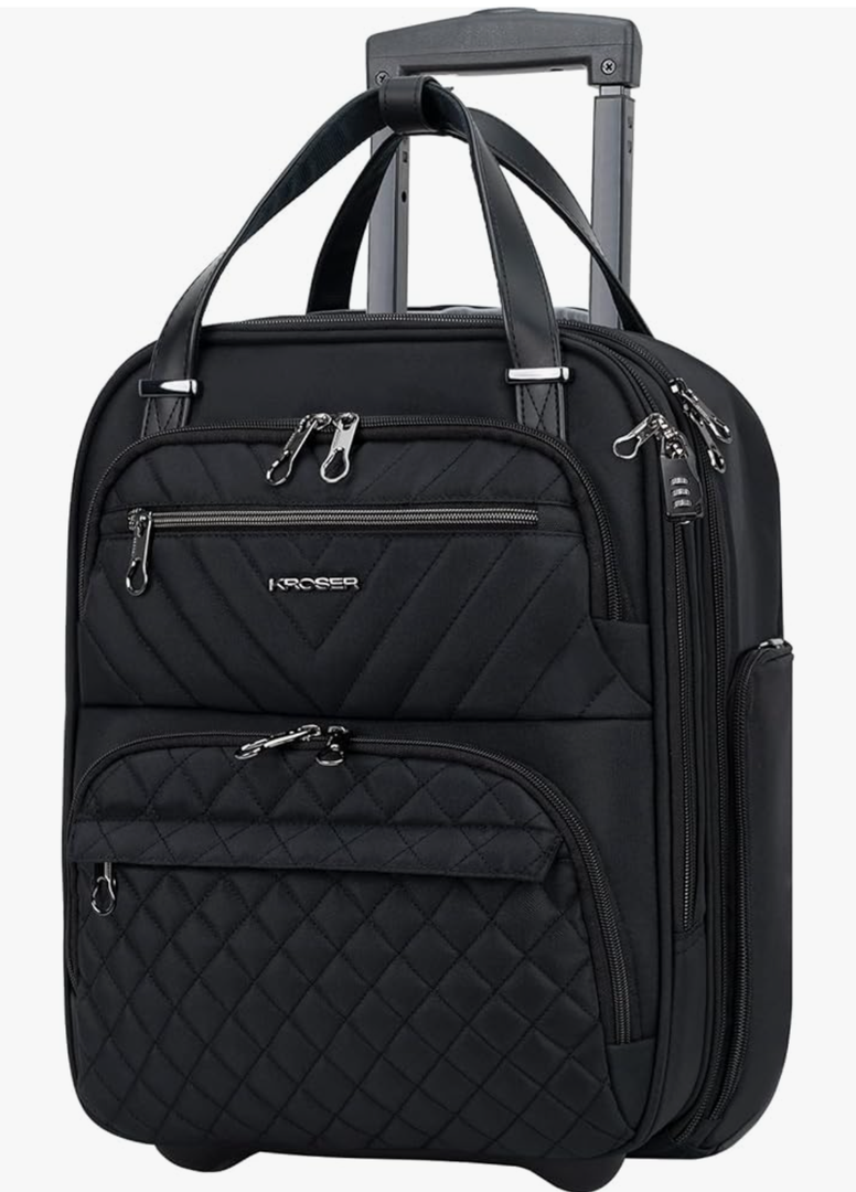KROSER Carry On Underseat Multi-functional, 16-inch Underseater Lightweight Overnight Suitcase for Men Women, Black